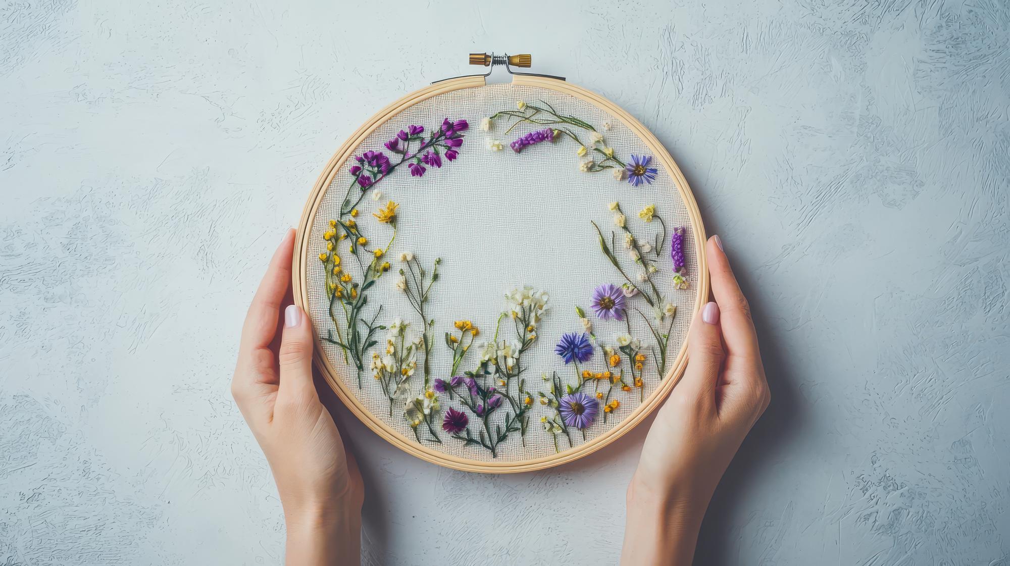 hands holding an embroidered hoop with floral motif